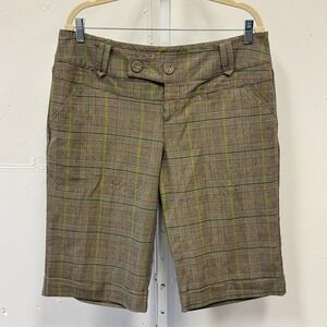 Y2K DKNY Jeans Women's Plaid Bermuda Shorts Brown Green Cuffed Stretch Size 14